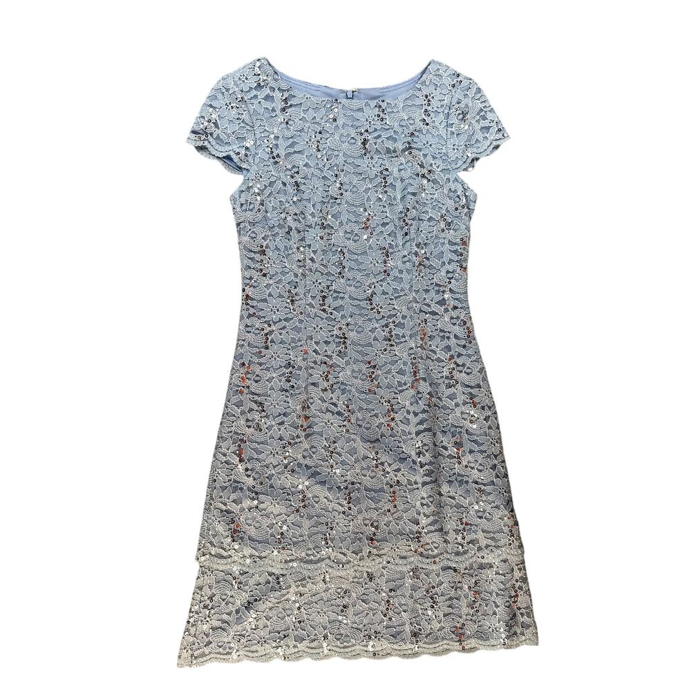 Alex Evenings Lace Dress Tiered Sequin Knee Length Blue Size 6